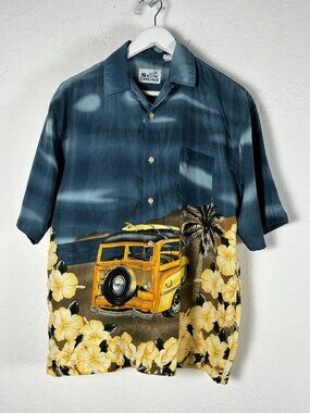 Vintage Sun Casuals Hawaiian Camp Shirt Medium Yellow Woody Car Hibiscus Button